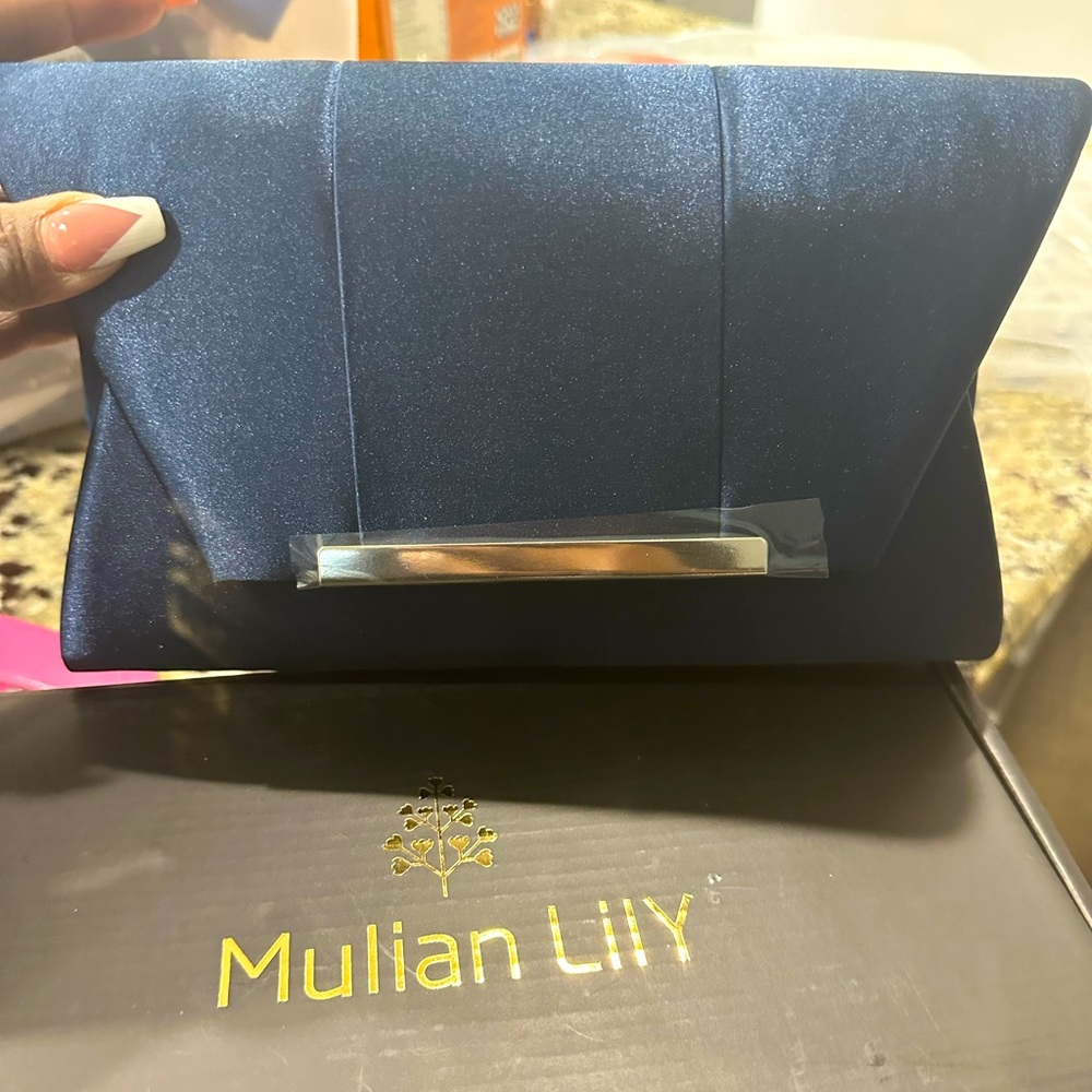 New Mulian Lily Formal Evening Clutch Purse Envelope Bag Satin Navy Blue Silver